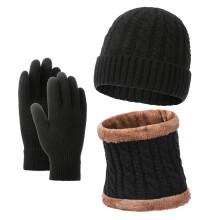 Unisex Winter Knit Set: Fleece-Lined Beanie, Scarf & Gloves – 3-Piece Cold Weather Gift Set, Black