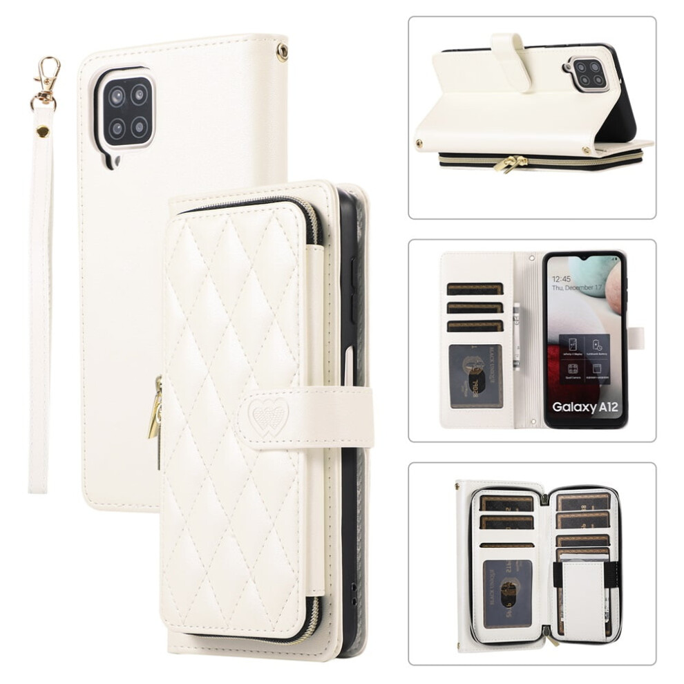 Luxury Leather Wallet Case With Wrist/Shoulder Strap, 9 Card Slots & Zipper Purse For Samsung Galaxy A12 4G/5G Â White 9130661914932