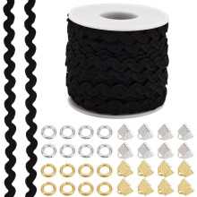 27 Yards Black RIC Rac Wave Fringe Trim (1/4"-3/8"), 32 Iron Crimp Ends & 64 Jump Rings for DIY Sewing – Compatible with RIC Rac