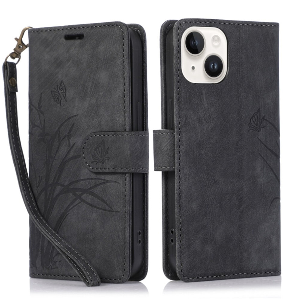 Orchids & Butterflies Embossed Leather Flip Wallet Case With Card Holder & Magnetic Closure, Â Compatible With Iphone 14 Black 9418476680212