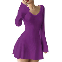 Damen Minikleid mit V-Ausschnitt und langen Ärmeln, sommerlich, lässig, gerippt, A-Linie, kurzer Strickpullover im Y2K-Fairy-Grunge-Stil