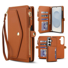 RFID Blocking 2-in-1 Magnetic Flip Wallet Case for Samsung Galaxy S25+ 5G – PU Leather, Multi-Card Slots, Zipper Pocket, Detachable Shoulder & Wrist