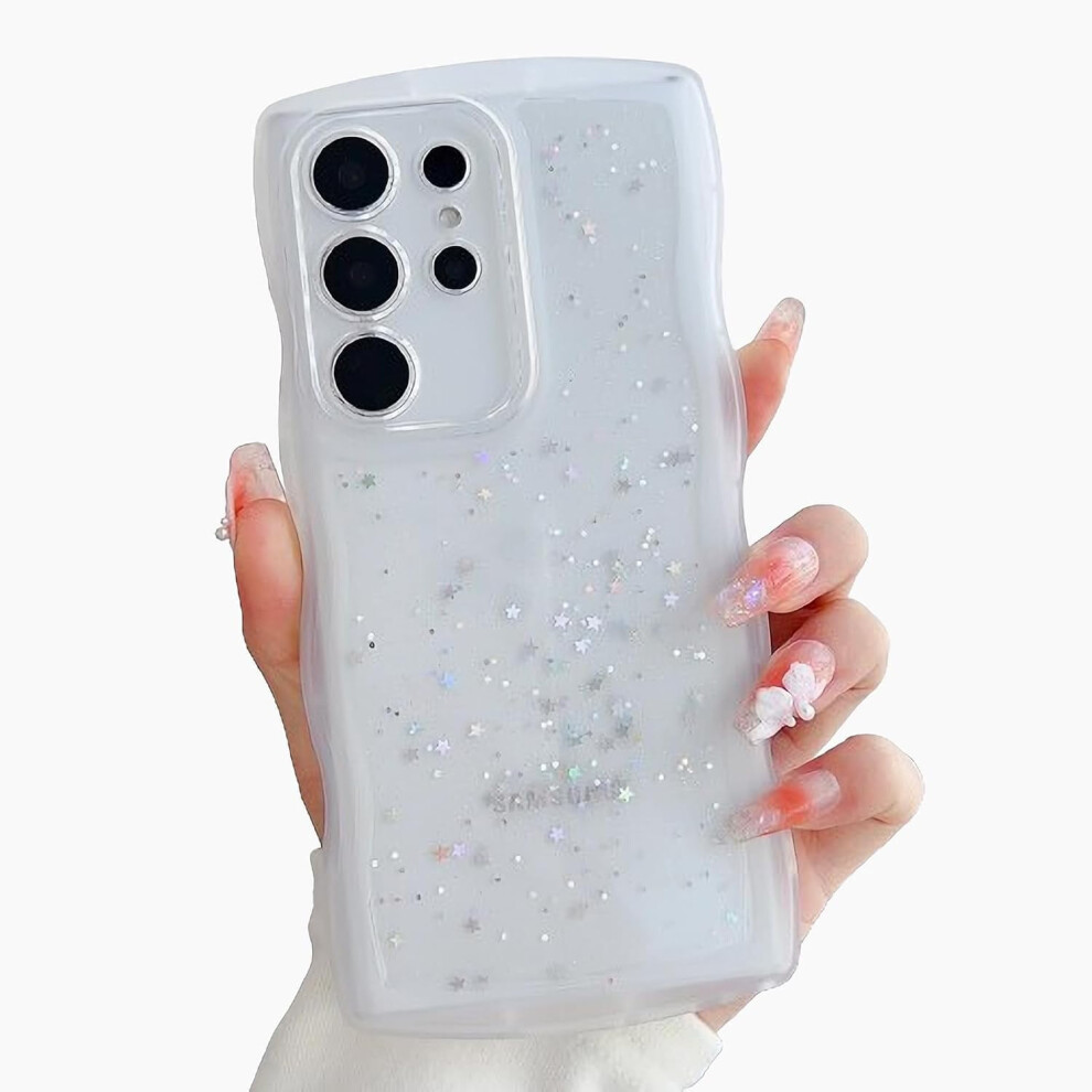 Glitter Clear Phone Case For Samsung Galaxy S23 Ultra 5G Â Curly Wave Frame, Bling Shiny, Soft Shockproof Bumper Cover (, Compatible With White 9405492252189