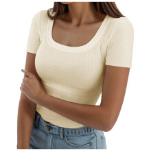 T-shirt basique à manches courtes pour femme, col rond, maille côtelée, coupe ajustée, beige, XL