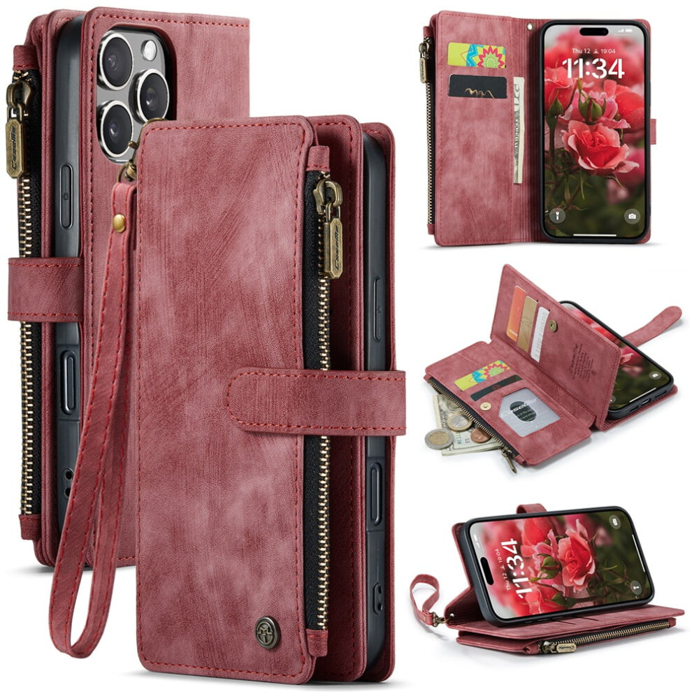 Caseme Wallet Case For Iphone 16 ProâPu Leather, Magnetic Flip, Lanyard, Zipper Card Holder, Red 9165521626151