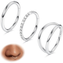 3pcs Nose Hoops – 316L Surgical Steel Double Hoops, 14G-20G, Hinged CZ Clicker Rings for Septum, Helix, Tragus & More, 7-10mm