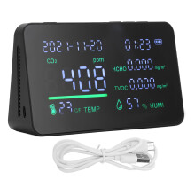 Temperatuur- en luchtkwaliteitsmonitor 6-in-1: binnenvochtigheidsmeter met realtime monitoring van CO2, TVOC en HCHO, LED-scherm, slim