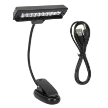 Op batterijen werkende LED-muzieklamp met USB-voeding en leeslampje. Draagbaar clipontwerp, flexibele zwanenhals en verstelbare positie.