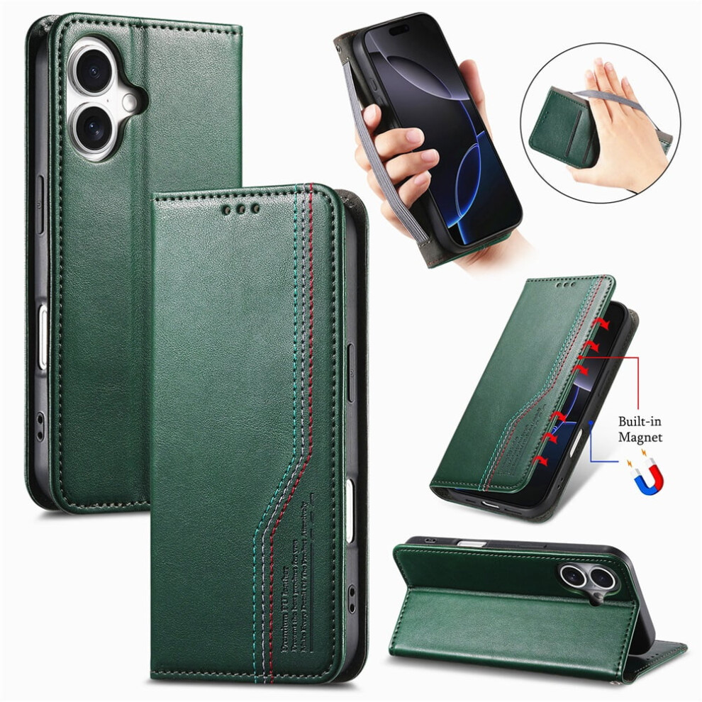 Leather Flip Wallet Case With Magnetic Suction & Wristband For Iphone 16 (6.1-Inch) Green 9558633031386