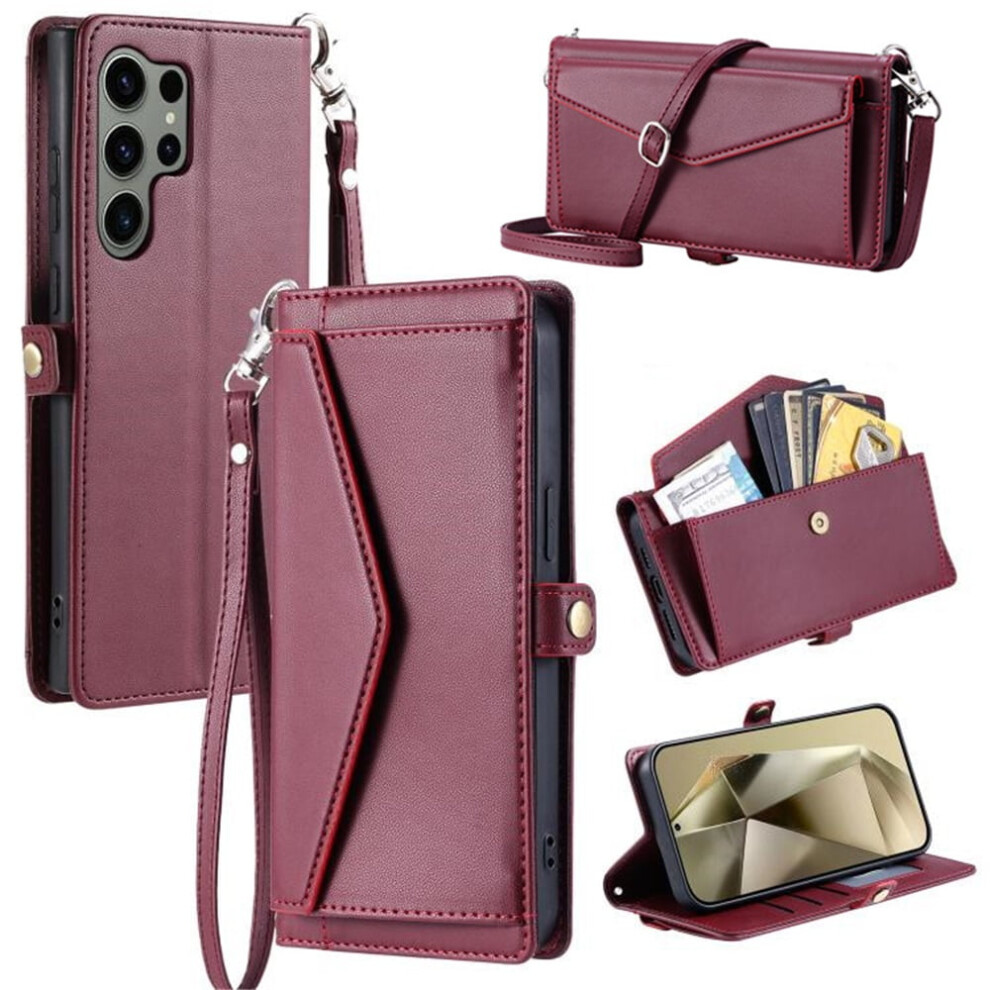 Compatible With Samsung Galaxy S23 Ultra 5G Pu Leather Flip Case Â 3 Card Slots, Hidden Pocket, Detachable Straps, Shockproof, Wine Red 9485826621324