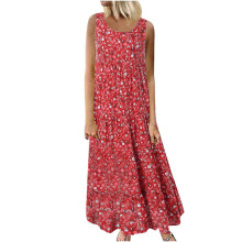 Dames boho maxi-jurken met bloemenprint, zwierige tankjurken, mouwloze jurken met smockwerk, trendy casual strandjurken voor de lange zomer