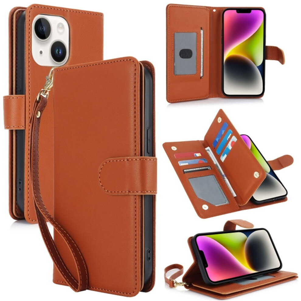 Leather Magnetic Flip Wallet Case For Iphone 14 6.1" Â Rfid Blocking, Kickstand, Anti-Drop Tpu, Detachable Wrist Strap, Brown 9485826620426