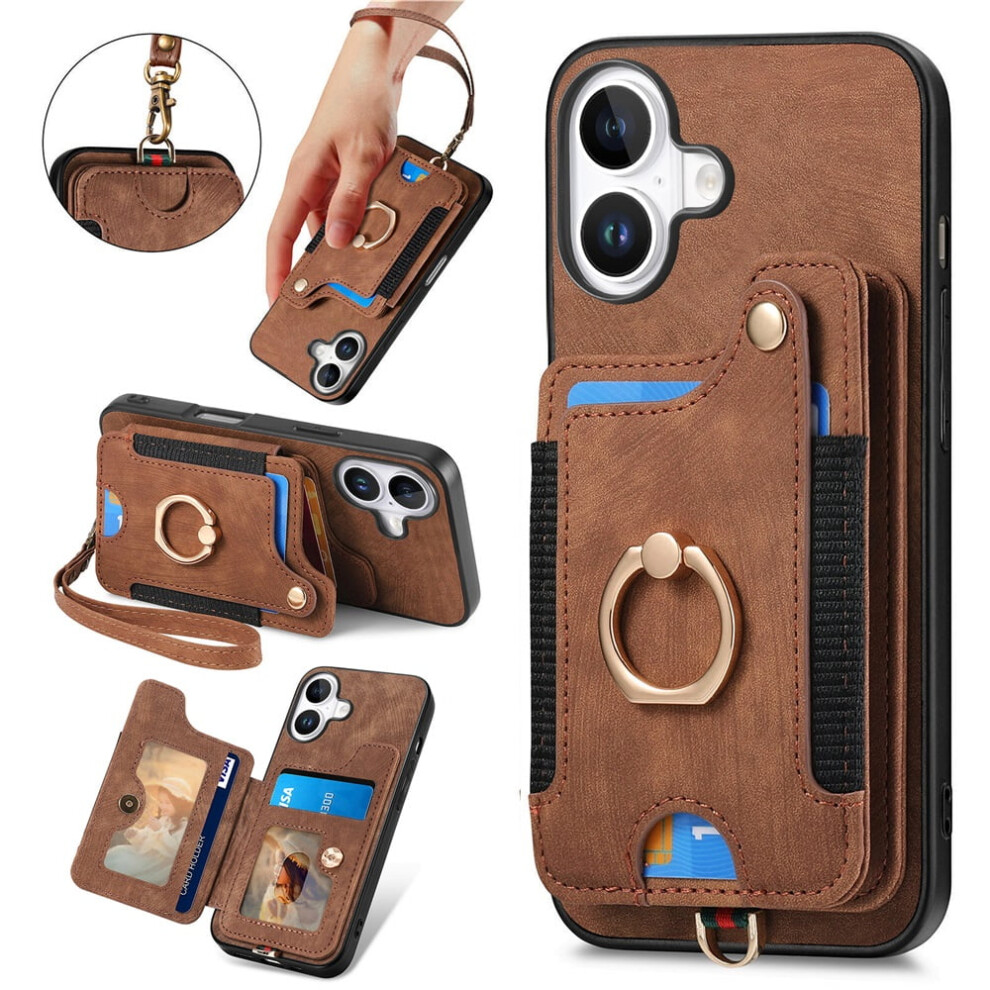 Pu Leather Flip Wallet Case For Iphone 16 Plus Brown 941196996619