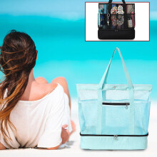 Strandtasche mit Kühlfach, große, faltbare Netz-Strandtasche mit Reißverschluss und Fächern für Pool- und Badeurlaubsutensilien – Hellblau