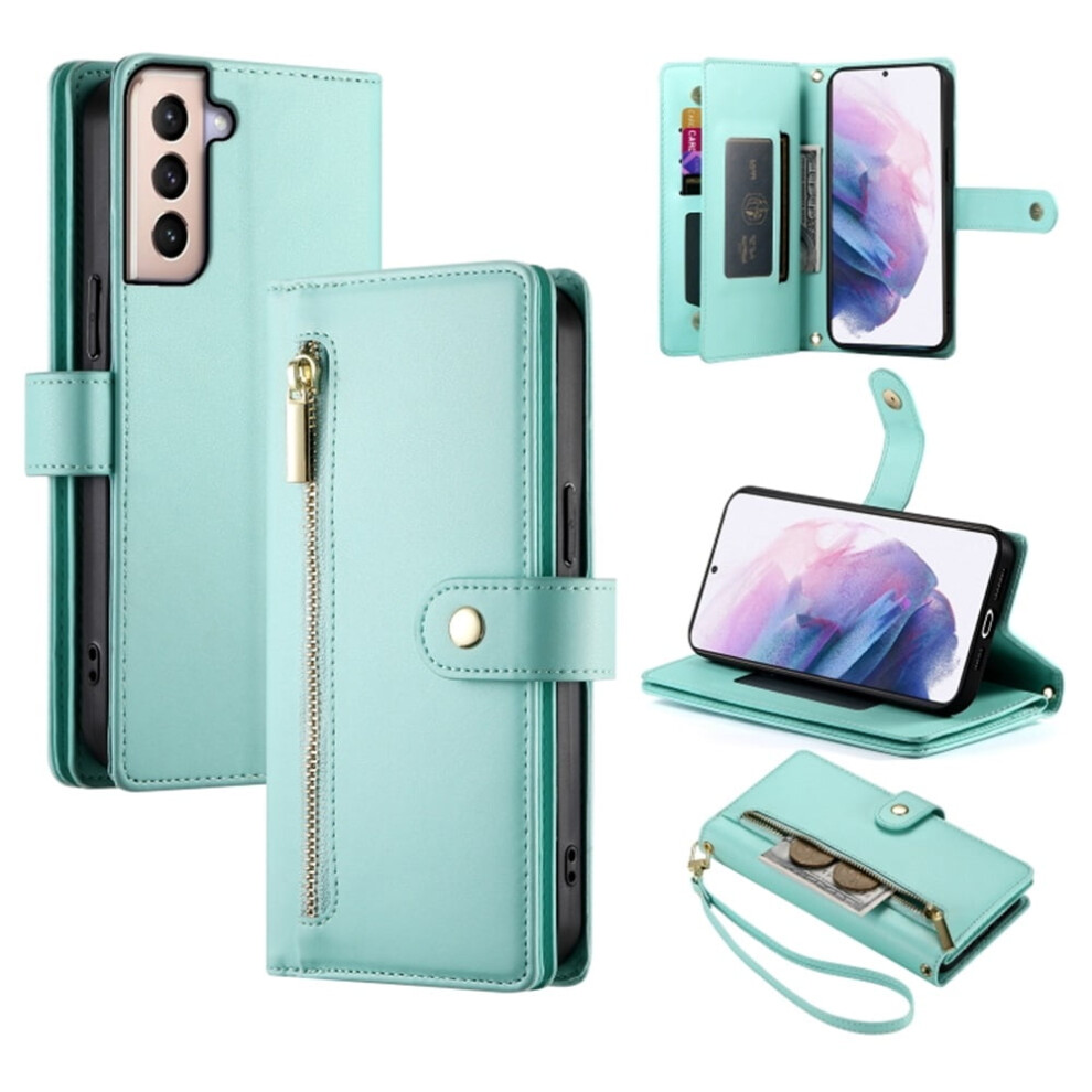 Leather Wallet Case For Samsung Galaxy S21+ 5G (6.7"), Compatible With Multi-Card Slots, Zipper Pocket & Lanyard Strap Green 9558633033342