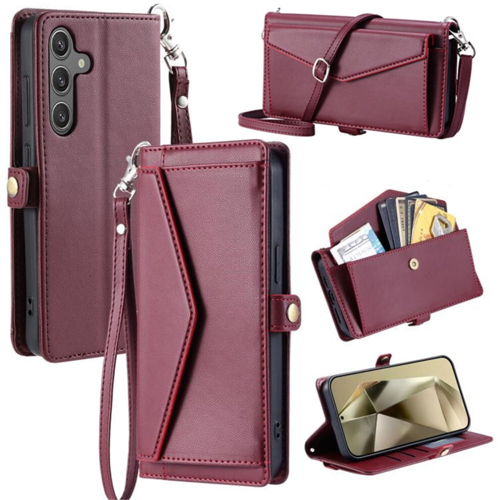 Compatible With Samsung Galaxy S24+/S25+ 5G Pu Leather Flip Caseâ3 Card Slots, Hidden Pocket, Detachable Straps, Shockproof, Wine Red 9558633034929