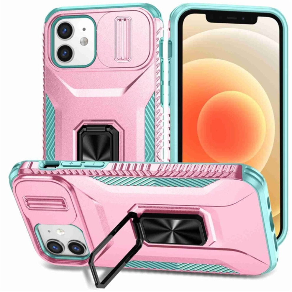 Slim Fit Shockproof Hybrid Case For Iphone 12/12 Pro Â Military-Grade, Slide Camera Cover & Rotating Ring Kickstand, Pink/Green 9193271825418