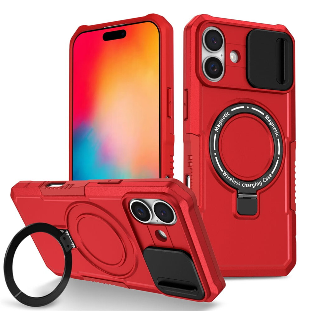 Iphone 16 Plus 6.7" Case Â Sliding Camera Cover, Magsafe Compatible, Shockproof, Hidden Kickstand & Ring Holder, Red 9485826622512