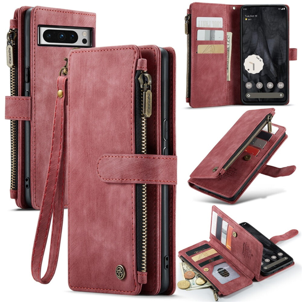 Caseme Wallet Case For Google Pixel 8 ProâPu Leather, Magnetic Flip, Lanyard Strap, Zipper Card Holder, Red 9485826622727