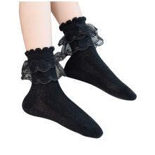 3PC Kids Girls Ruffle Lace Trim Cotton Socks Frilly Dress Candy Colored Socks Black 10-15 Years