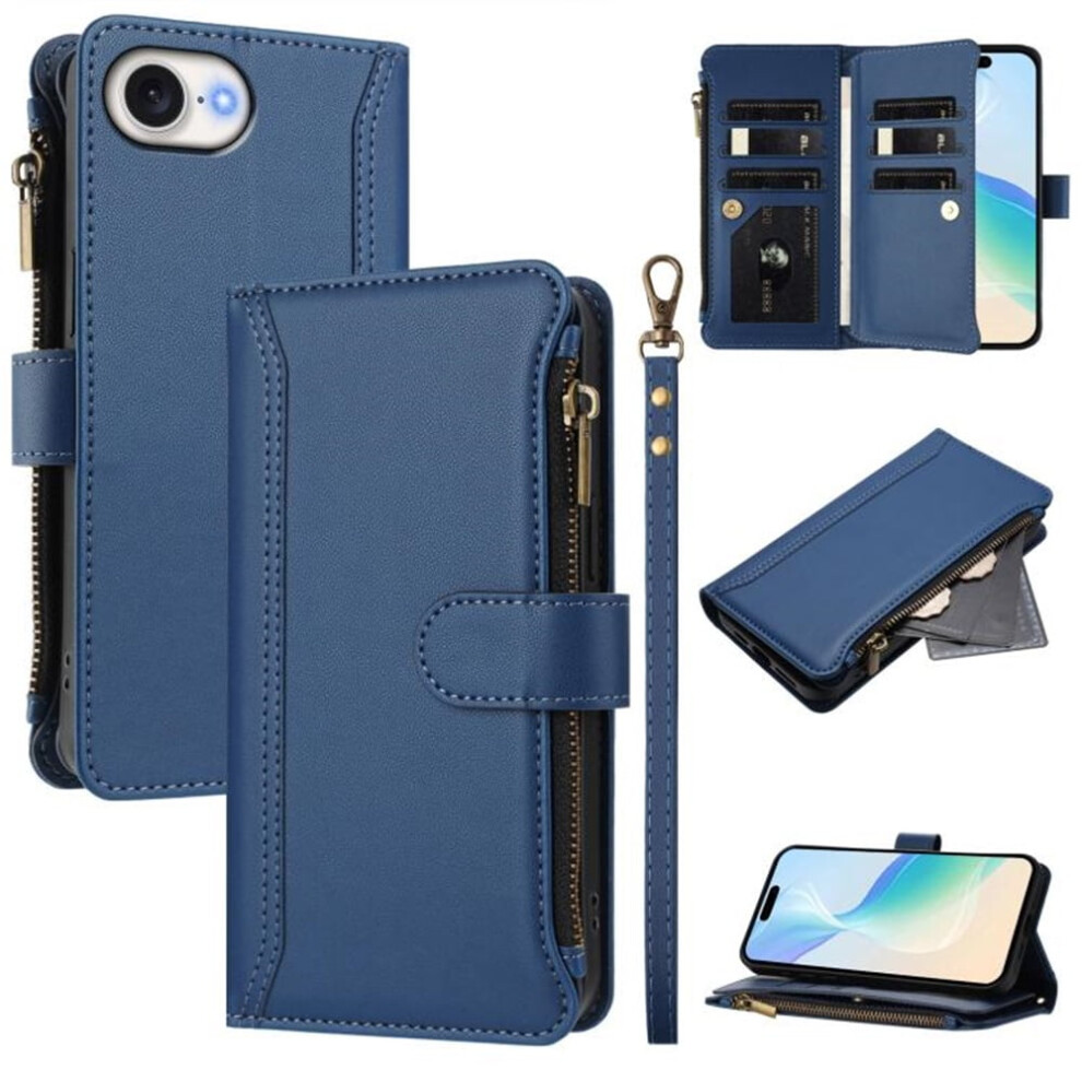Iphone 16E Wallet Case Â Pu Leather Magnetic Flip Cover With 9 Card Slots, Zipper Pocket, Detachable Wrist Strap & Shockproof, Dark Blue 9558633036084