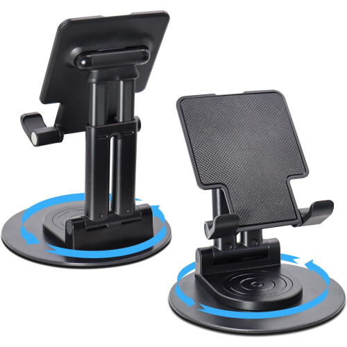 360 Rotating Desk Phone Holder – Foldable, Adjustable Angle/Height Stand for iPhone, Switch, Tablets 4.6–12.9", Black; compatible with iPhone,