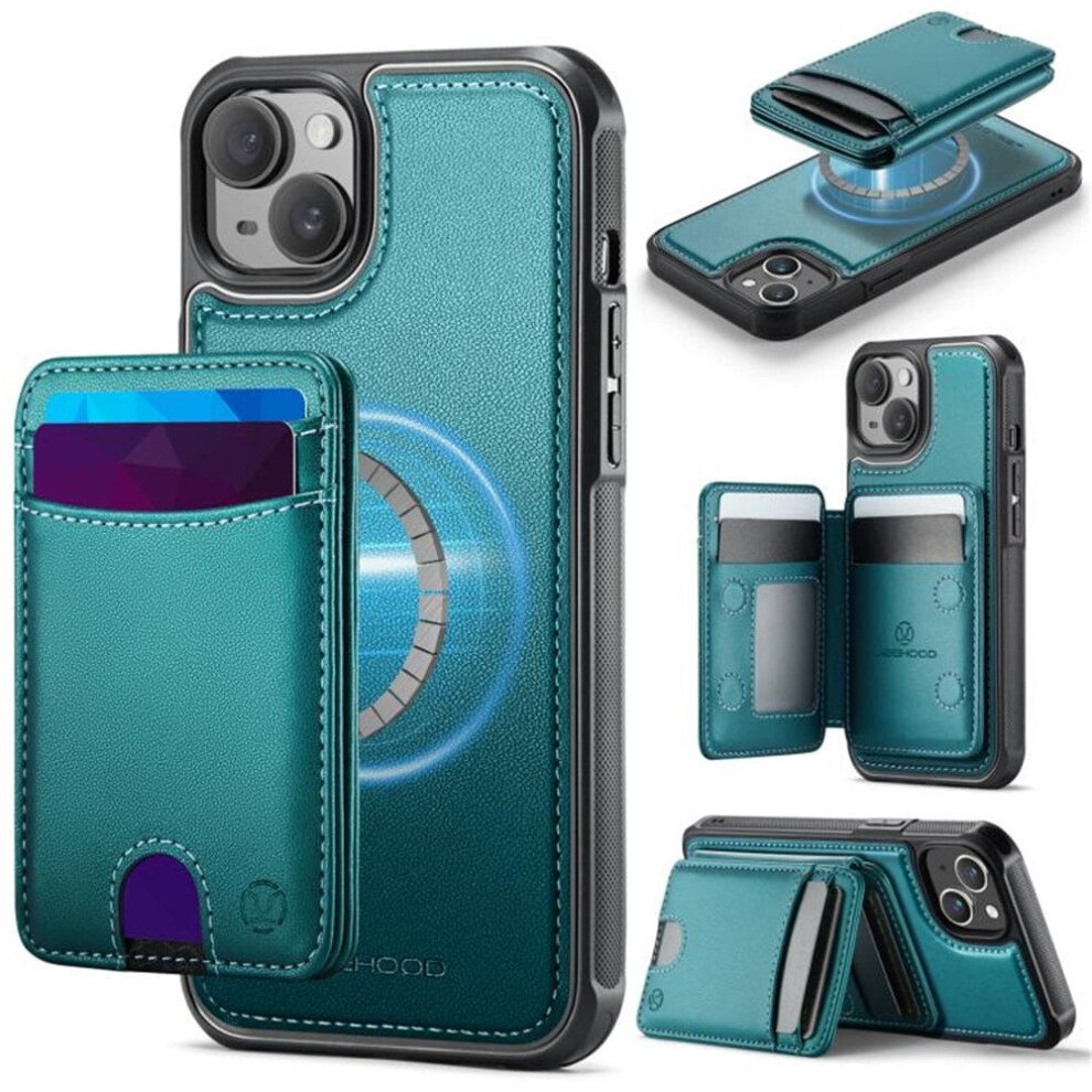 Jeehood Case For Iphone 14: Rfid-Blocking Pu Leather, Magsafe-Compatible 2-In-1 Wallet With Kickstand & Push Card Holder, Blue 9558633033717