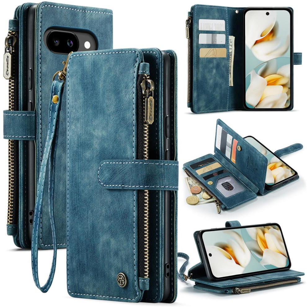 Caseme Wallet Case For Google Pixel 9A Â Pu Leather Magnetic Flip, Lanyard & Zipper Card Holder, Blue 9485826623113