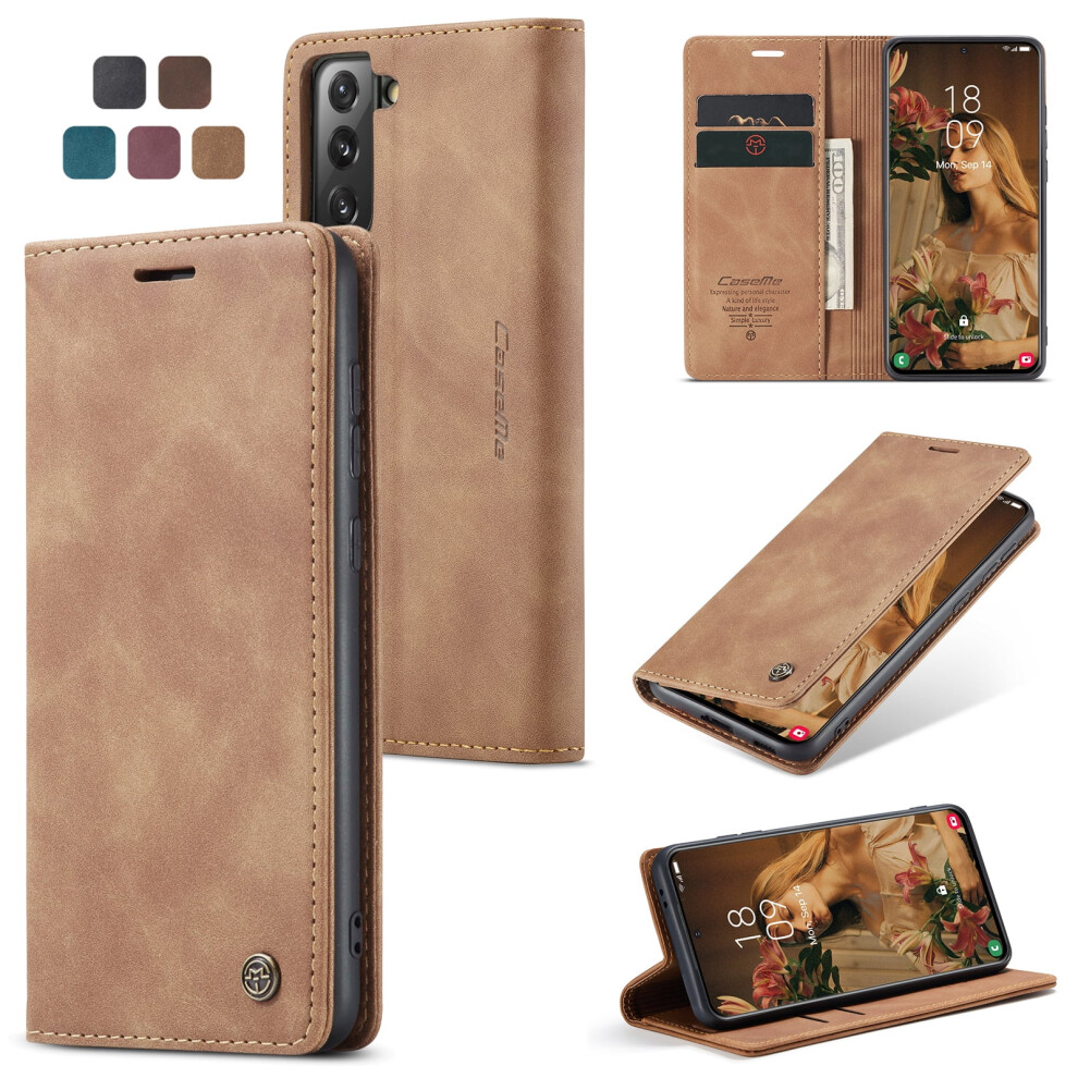 Caseme Leather Flip Wallet Case For Compatible With Samsung Galaxy S21 5GâMagnetic, Card Holder, Kickstand, Shockproof, Brown 9485826621829