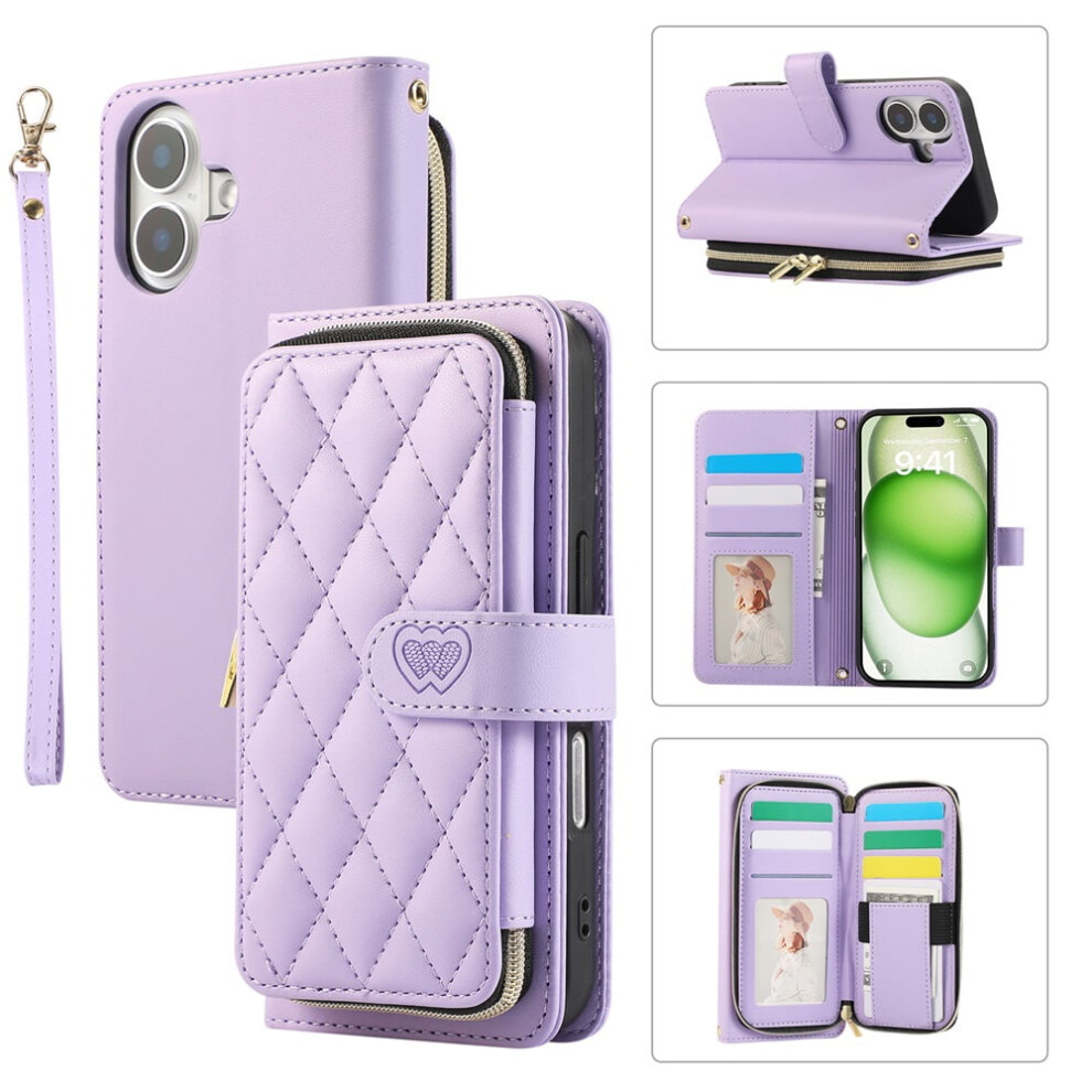 Luxury Leather Wallet Case With Wrist/Shoulder Strap, 9 Card Slots & Zipper Purse For Compatible With Iphone 16 (6.1") Â Purple 9418476683343