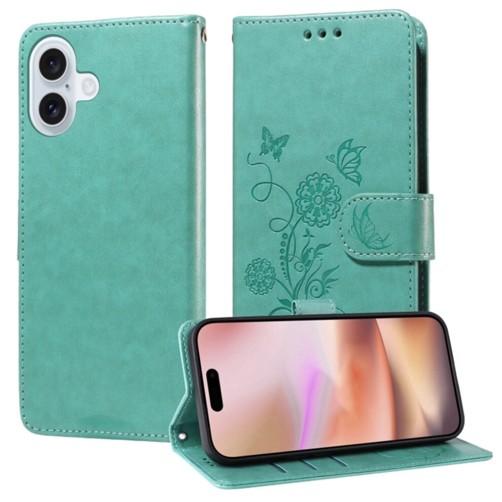 Embossed Butterfly Flower Flip Leather Case For Iphone 16 PlusâShockproof, Kickstand, Card Slots & Cash Compartment Green 9418476683909