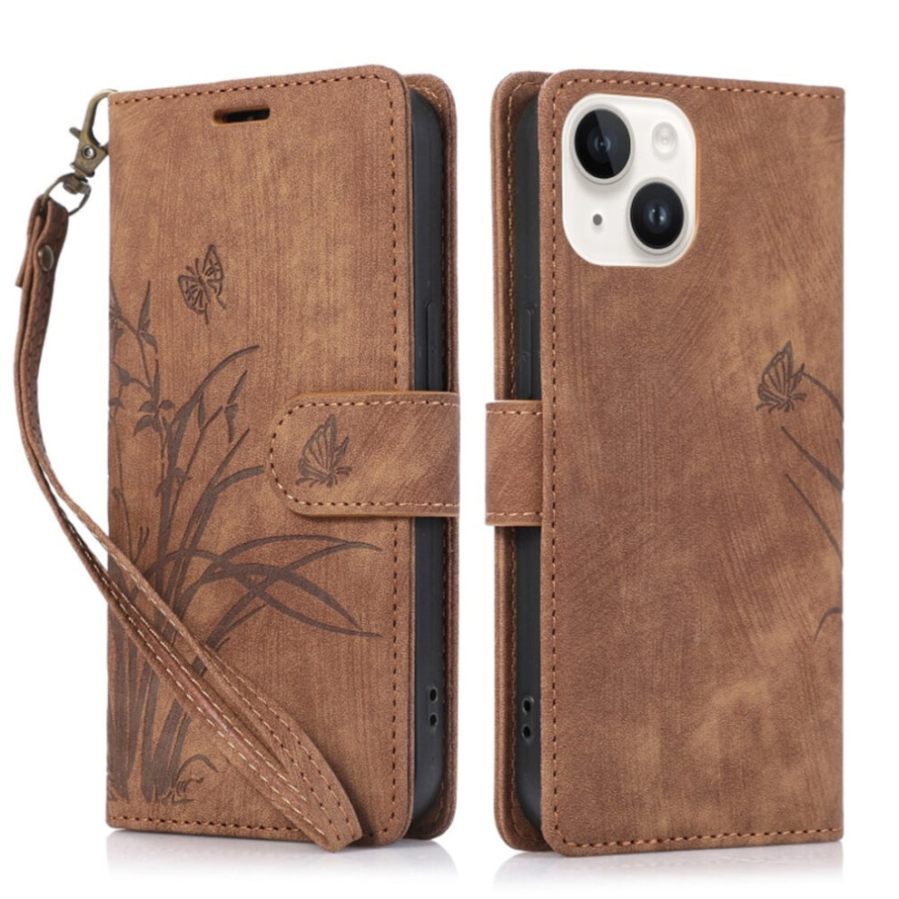 Orchids & Butterflies Embossed Leather Flip Wallet Case With Card Holder & Magnetic Closure, Â Compatible With Iphone 14 Brown 9418476684647