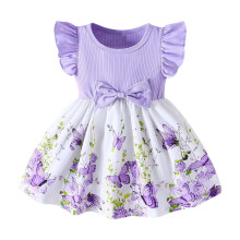 Baby Girls Butterfly Sleeve Ribbed Dress Butterfly Print Summer Princess Round Neck Short Sleeve