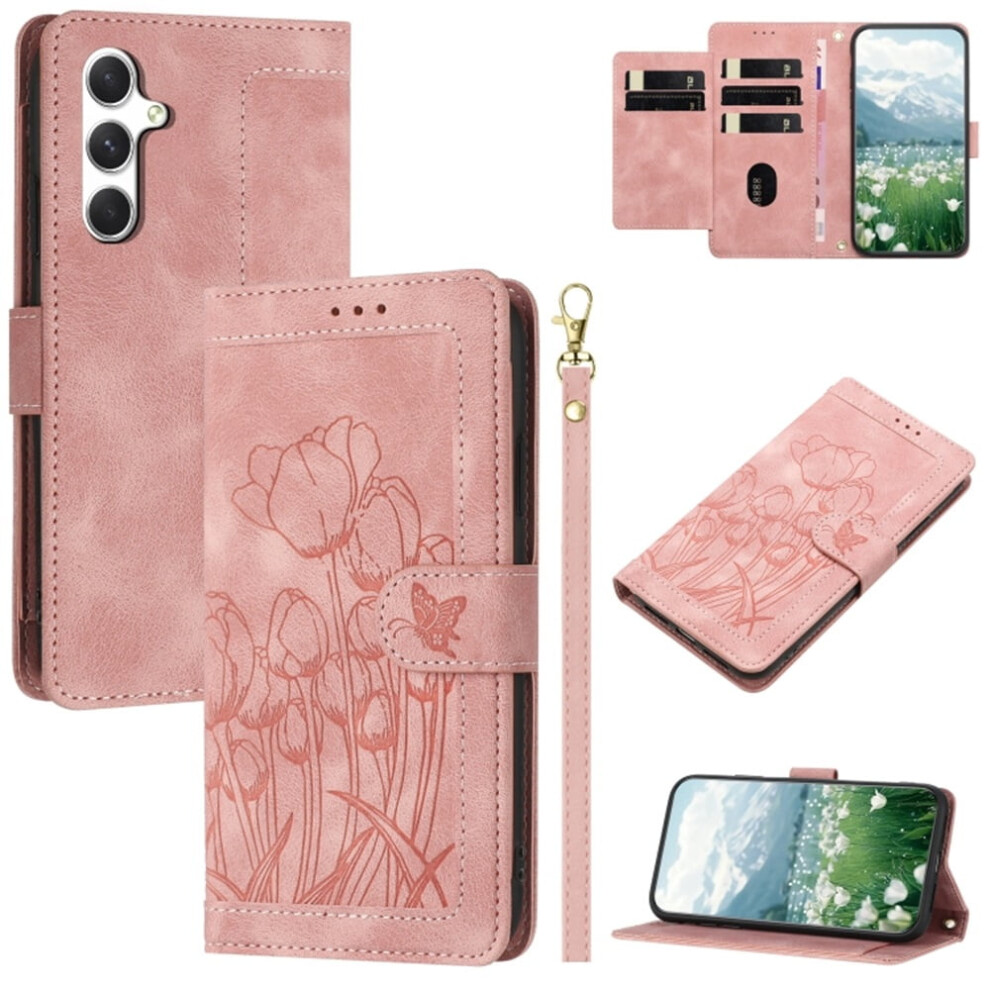 Leather Flip Wallet Case For Samsung Galaxy A54 5G Â Tulip Embossed, 5-Card Holder, Magnetic Closure, Pink 9418476685408