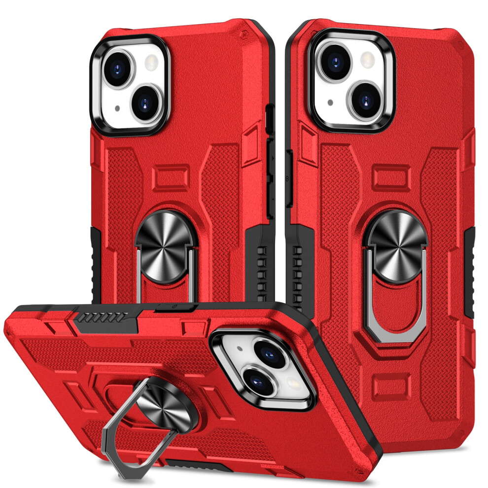 Rugged Defender Case For Iphone 15 (6.1") Â Anti-Drop, Non-Slip, Anti-Fingerprint, Ring Holder & Kickstand, Compatible With Iphone 15. Red 9193271822998