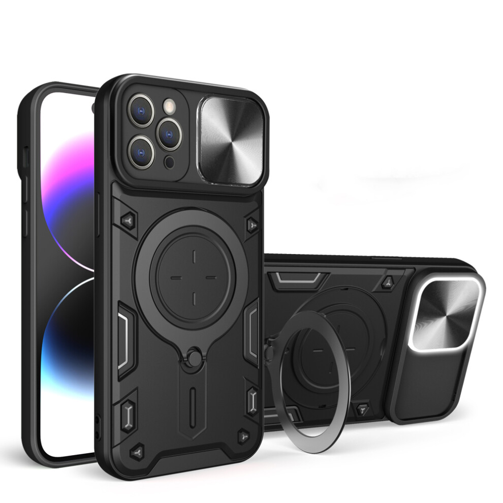 Heavy Duty Case For Iphone 12 Pro 6.1", Magnetic Car Mount, Sliding Lens Cover, Rugged Pc+Tpu Shockproof Case, Black 9152228521704