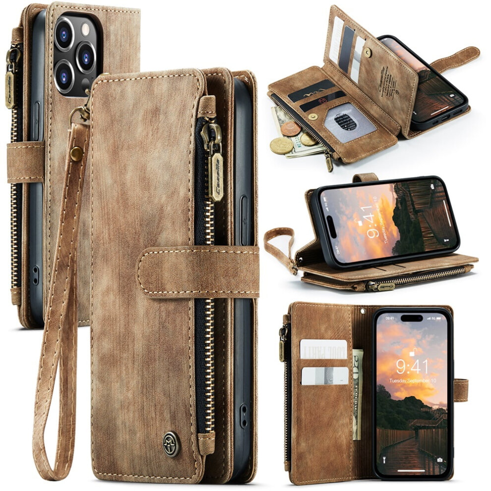Caseme Wallet Case For Iphone 14 ProâPu Leather, Magnetic Flip, Lanyard Strap, Zipper Card Holder, Brown 9130661916639