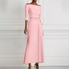 Damklänning med off-shoulder-mönster och smal passform, enfärgad trekvartsärm, avslappnad och elegant polyester