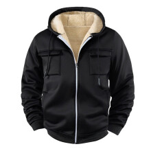Men's Thermal Fleece Hooded Sweatshirt Jacket Windproof Outdoor Sportswear Solid Color Casual Pullover