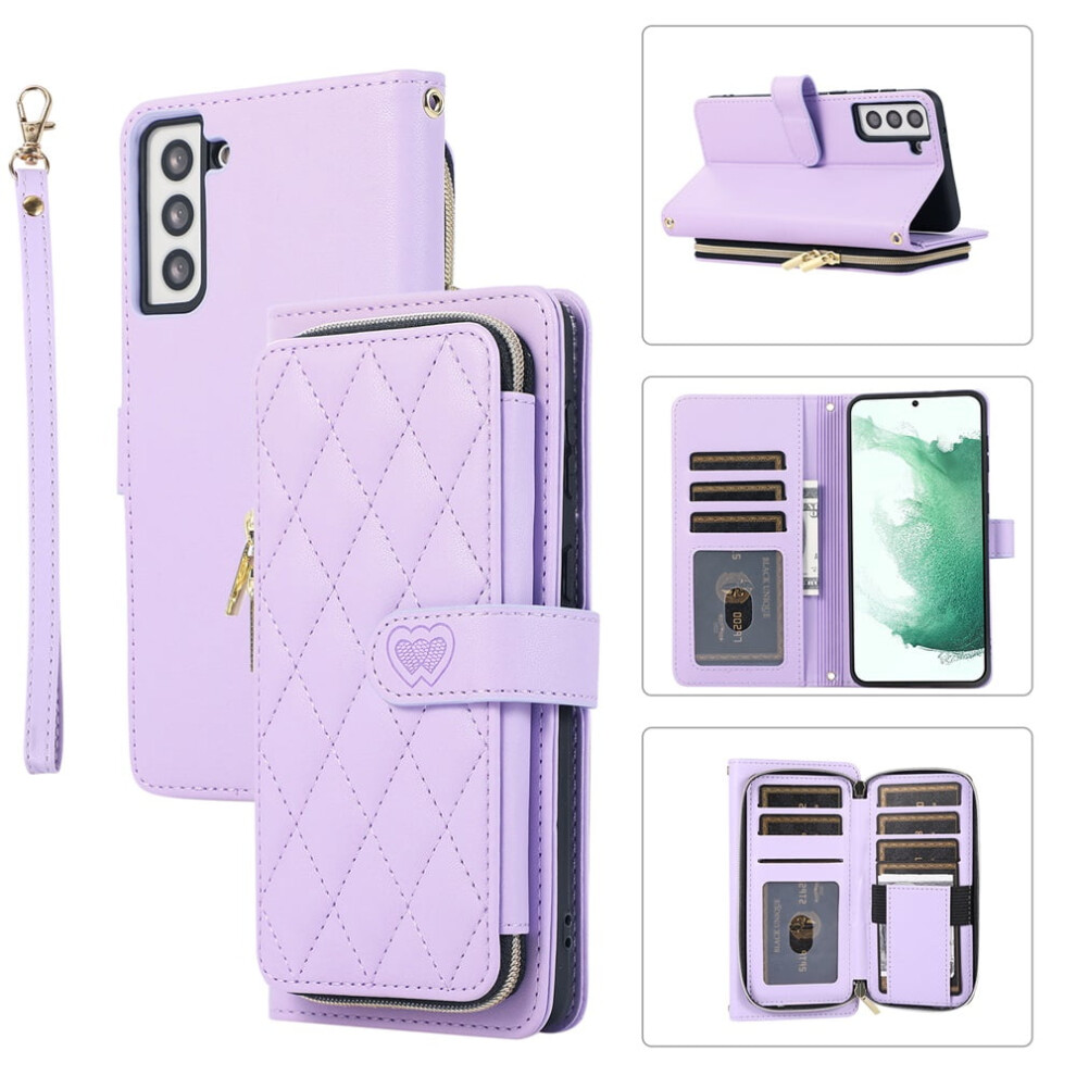 Luxury Leather Wallet Case With Wrist/Shoulder Strap, 9 Card Slots & Zipper Purse For Samsung Galaxy S22+ 5G (6.6") – Purple 9152228523968