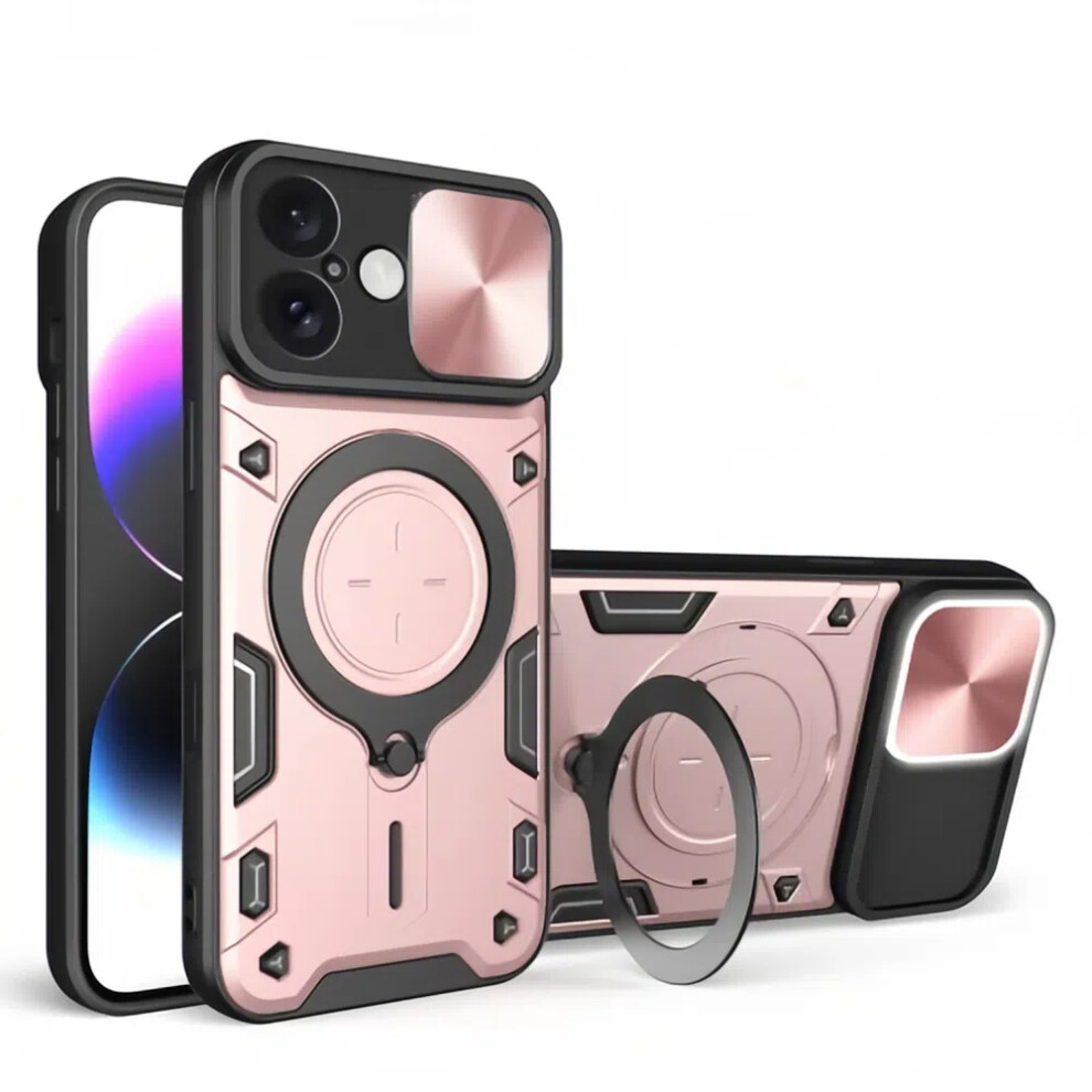 Heavy Duty Case For Iphone 16 Plus 6.7", Sliding Lens Cover, Magnetic Car Mount, Rugged Pc+Tpu Shockproof Case, Pink 9152228522350