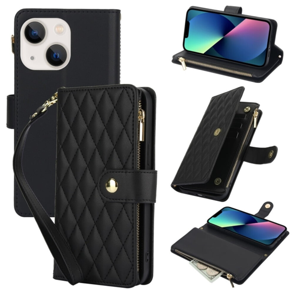 Rfid-Blocking Flip Wallet Case For Iphone 13 (6.1"), With 3 Card Slots, Kickstand, Wrist Strap, Lanyard & Zipper Â Black 9152228523050