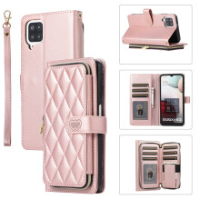 Wallet Case compatible with Samsung Galaxy A12 4G/5G, 9-card slots, wrist/shoulder strap, zipper purse, luxury checkered leather stand cover, Rose