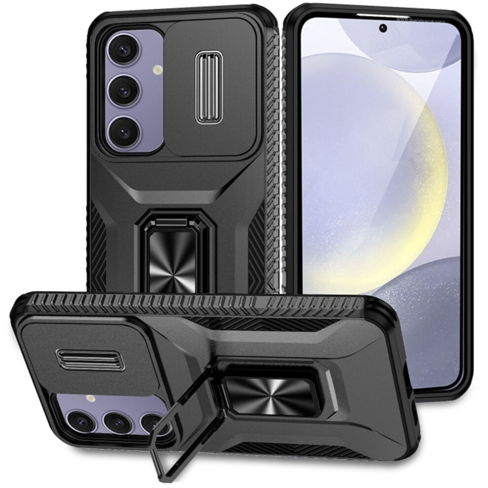 Slim Fit Shockproof Hybrid Case For Samsung Galaxy S24 Fe 5G—Slide Camera Cover & Rotated Ring Kickstand, Military-Grade, Black 9170372128716