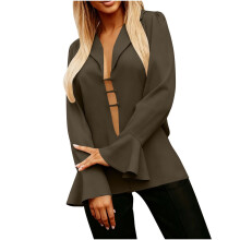 Elegante Damenblazer, Businessbluse mit Reverskragen, Rüschen, langen Ärmeln, Knopfleiste, tiefem V-Ausschnitt und Glockenärmeln