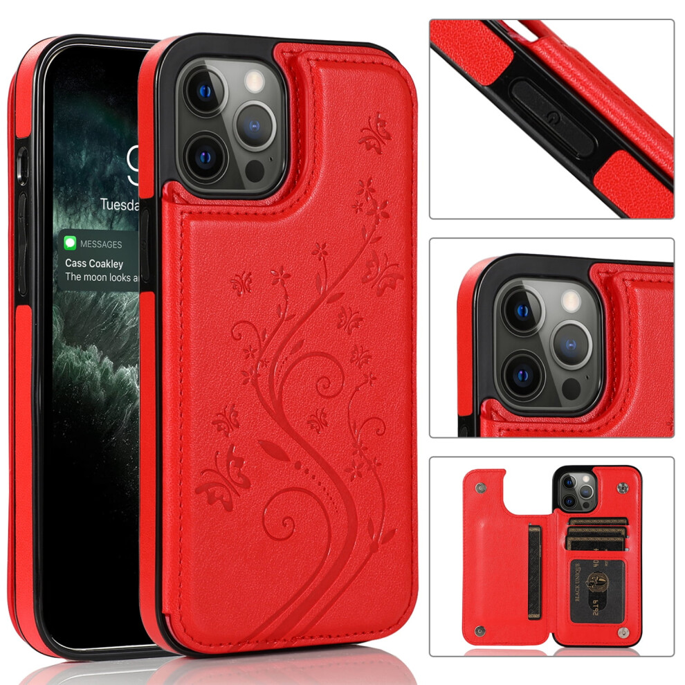 Shockproof Leather Wallet Case For Iphone 14 Pro (6.1") Â Compatible With Iphone 14 Pro, Flip Cover With Kickstand Red 9170372129881