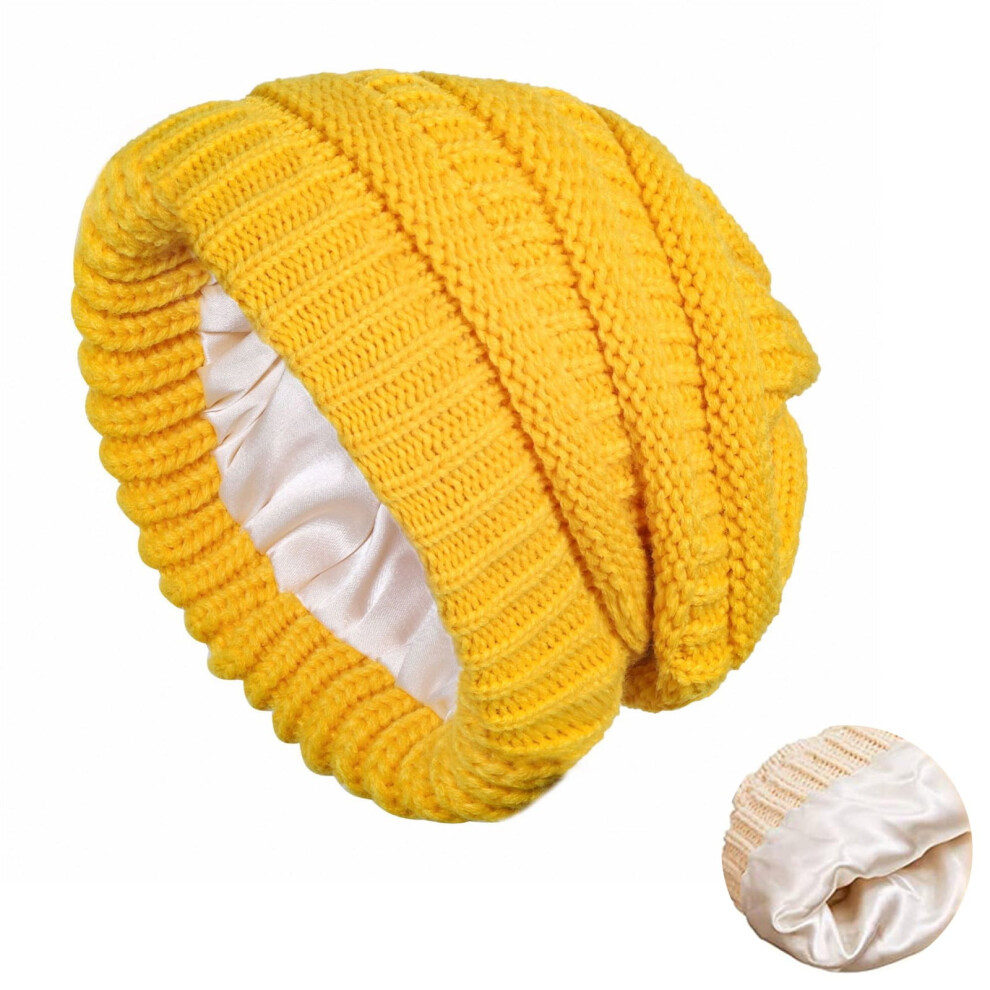 Women's Satin-Lined Slouchy Beanie, Cable Knit Winter Hat with Silk-Like Lining for Hair/Scalp Protection â Yellow-image-OPC-PS8XX7B-NEW