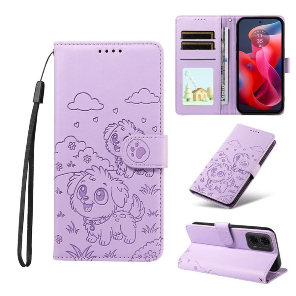 Leather Flip Case For Motorola Moto G04/G24/E14 Â Dog Embossing, Rfid Wallet, Magnetic Clasp, Lanyard & Stand Â Compatible With Moto Purple 9152228521643