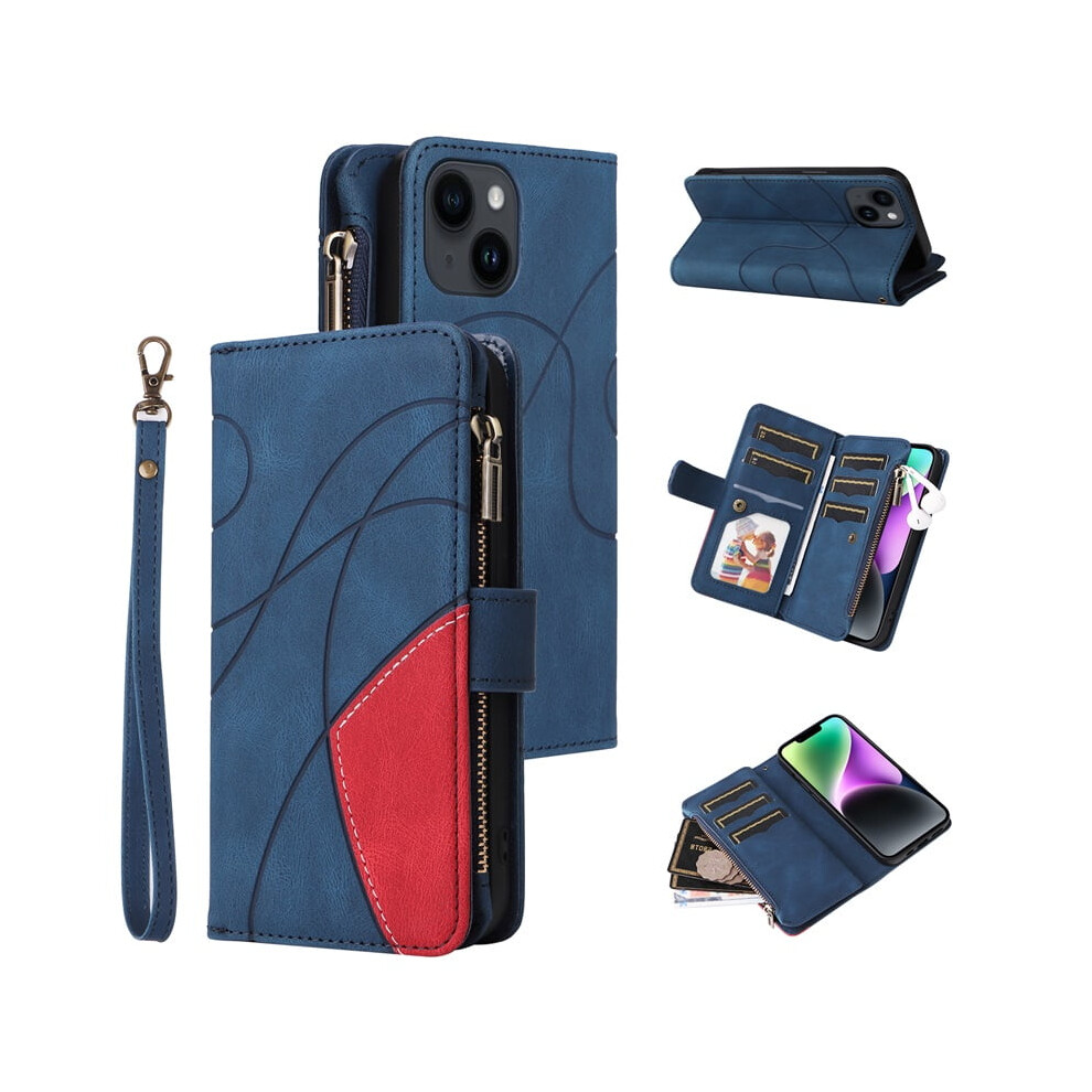 Iphone 14 Wallet Case With 9-Card Holder, Zipper Pocket & Magnetic Closure Â Pu Leather Folio With Wrist Strap, (6.1") Blue 9152228520554