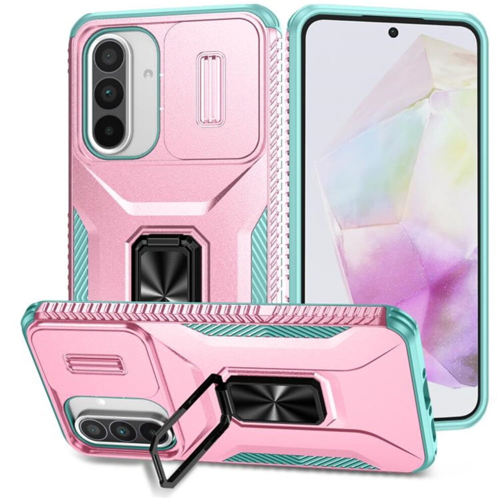 Slim Fit Shockproof Hybrid Case For Samsung Galaxy A36 6.7" – Military-Grade, Slide Camera Cover & Rotated Ring Kickstand, Pink/Green 9165521631100